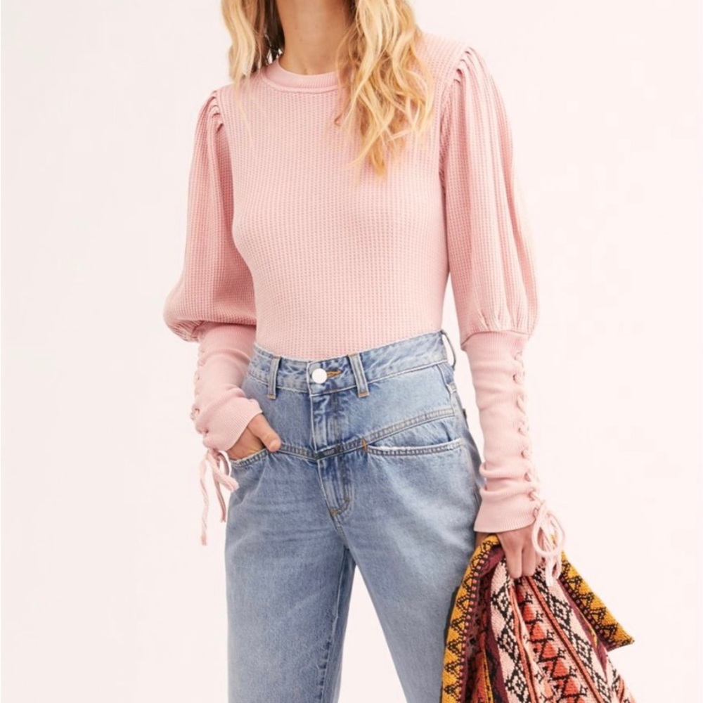 Free People One Tasha Lace-up Pink Thermal Long Sleeve Top Shirt Tee